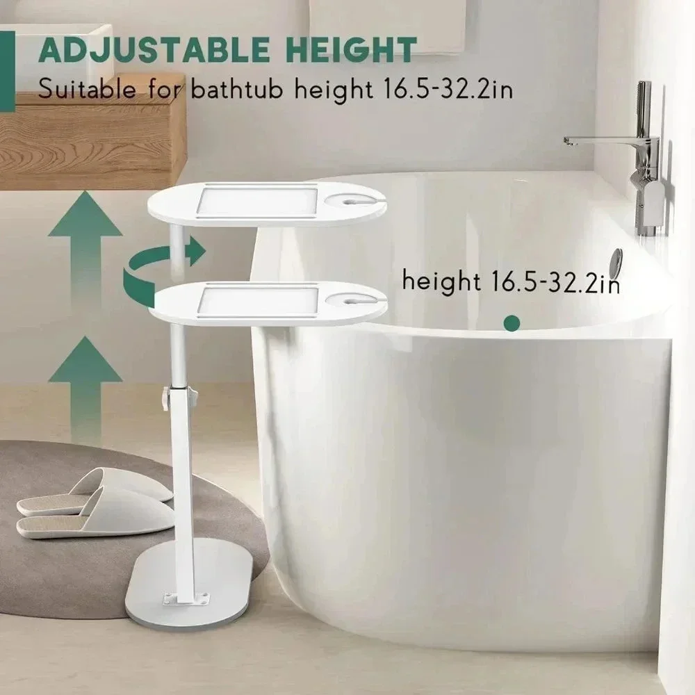 White Bathtub Tray Table Adjustable Height, Freestanding Bath Caddy bathroom